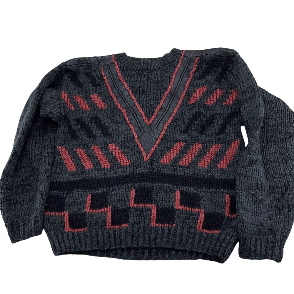 Street Scenes Sweater Mens Medium Charcoal‎ Red Marled Leather Geometric 80s VTG
